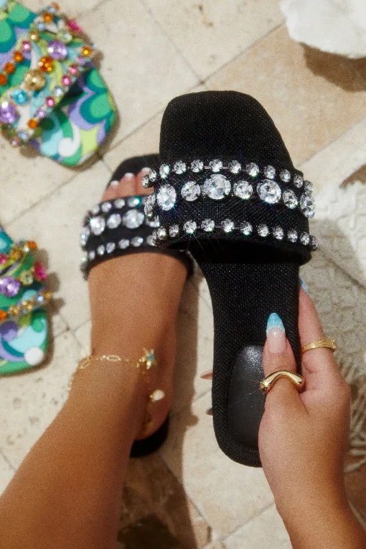 Luxe Paradise Embellished Slip On Sandals - Black