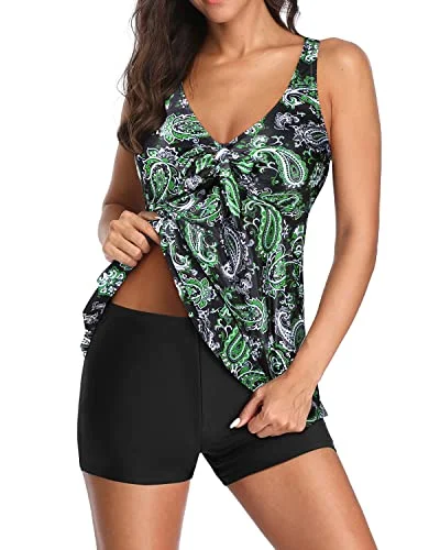 Women's Soft And Comfortable High Quality Fabric Tankini Swimsuits-Black Green Paisley