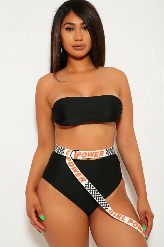 Black White High Waist Three Piece Swimsuit Set