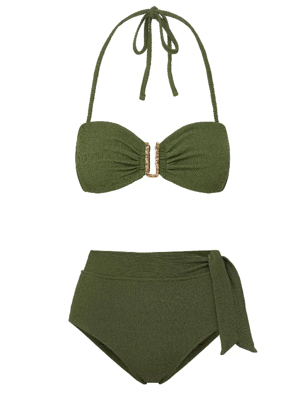 Cindy Top + Side Tie High Waist Bottom in Olive Texture