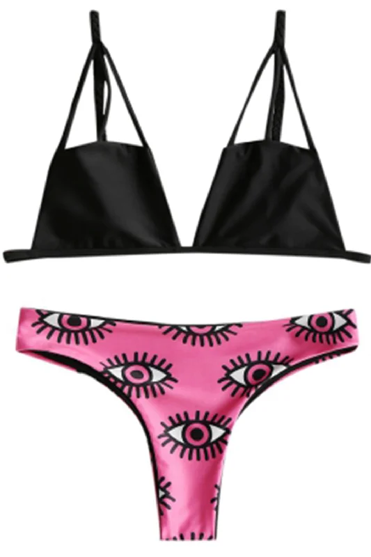 Eye Print Caged Strappy Thong Bikini