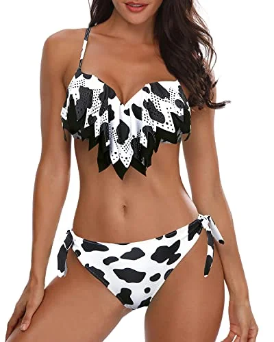 Flattering Sexy Two Piece Swimsuit With High Cut Low Rise Bikini Bottom-Black And White Cow Pattern