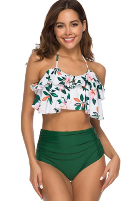 Flower Print Halter Flounce Bikini Women Set