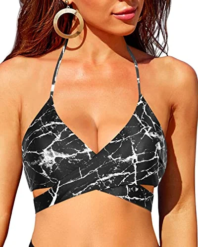 Women's Halter Criss Cross Swim Top Push Up Bathing Suit Top-Black Marble