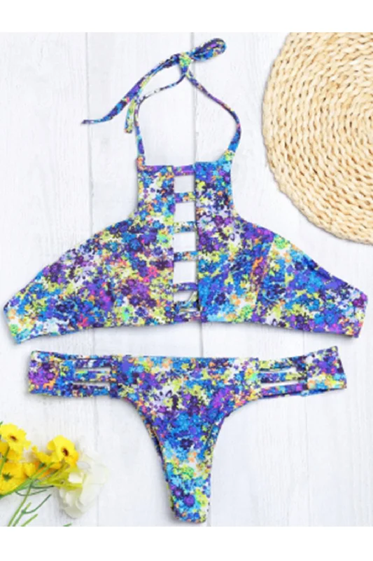 Halter Neck Backless Cut Out Print Tied Low Waist Women Bikini Set