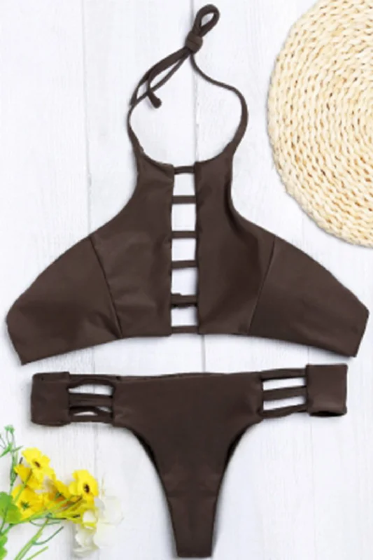 Halter Neck Backless Cut Out Tied Strap Low Waist Women Bikini Set