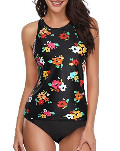 High Neck Halter Swim Tank Top Retro Two Piece Tummy Control Swimsuit for Women