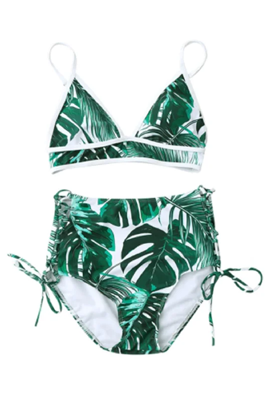 High Waist Tropical Leaf Print Bikini Set