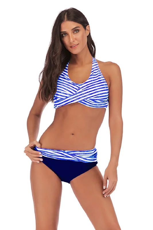 Iyasson Womens Low Waist Padded Striped Cross Swimsuit