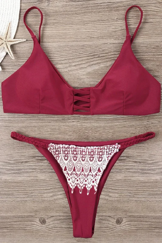 Lace Overlay Lattice Cut Spaghetti Strap Bikini