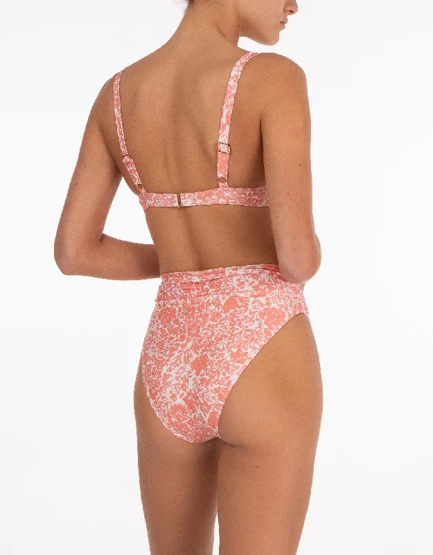 Ruched High Waist Bikini Bottom, Carnation Pink Floral