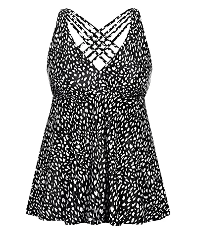 Long Plus Size Tankini Top Flyaway Hem For Women-Black And White Dot