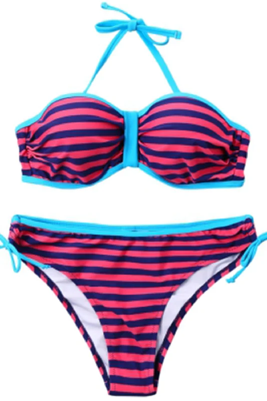 Push Up Stripe Bikini with Halter Neckline