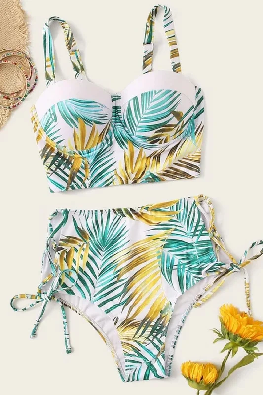 Random Leaf Bustier High Waist Bikini Swimsuit