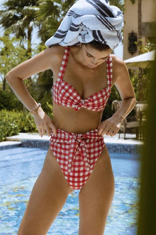 Red plaid high waist bikini set