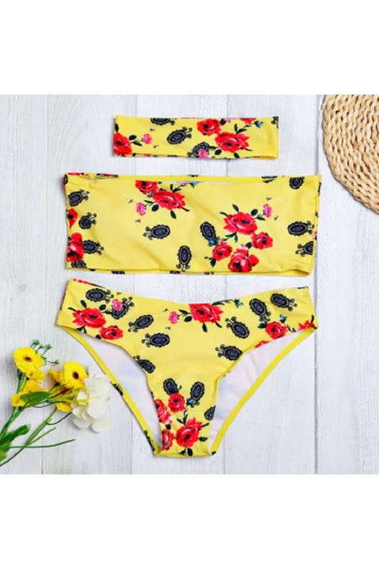 Strapless Padded Floral Print Low Waist Women Bikini Set