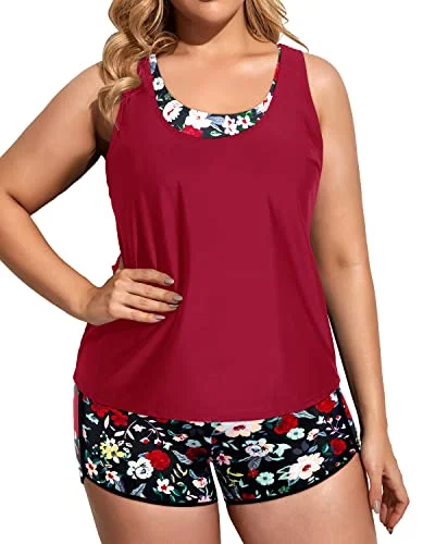 Stylish 3 Piece Tankini Swimsuits Plus Size Athletic Bathing Suits with Boy Shorts for Women