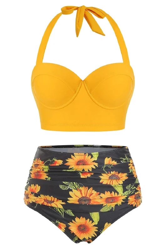 Sunflower Print Ruched Halter Bikini Swimsuit