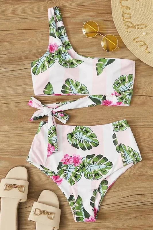 Tropical & Floral One Shoulder Tie Side Bikini Swimsuit