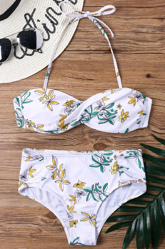 Twist Front Floral Print Halter Bikini Set