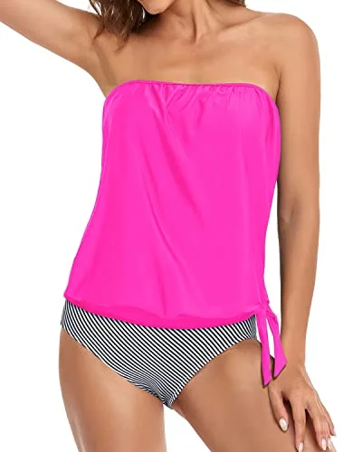 Straight Neckline Bandeau Tankini For Modest Coverage-Hot Pink Stripe