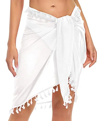 Tasseled Beach Sarong Cover Up Bathing Suits Wraps For Women-White