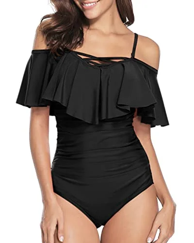 Slimming Full Coverage One Piece Swimsuit Ruffle Off Shoulder Swimsuit-Black