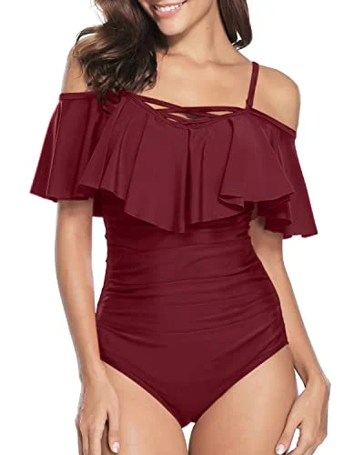 Best Vintage Ruffle Swimwear With Bathing Suits For Women-Maroon