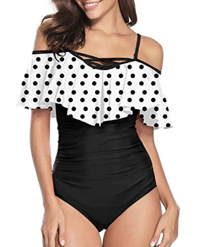 Lace Up Ruffle Swimsuits Best Bathing Suits For Curvy Women-White Black Polka Dots