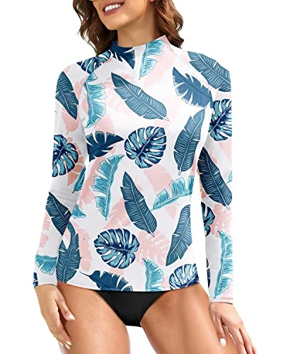 Long Sleeve Uv Upf 50+ Sun Protection Swim Shirts For Women-Blue And Pink Leaf