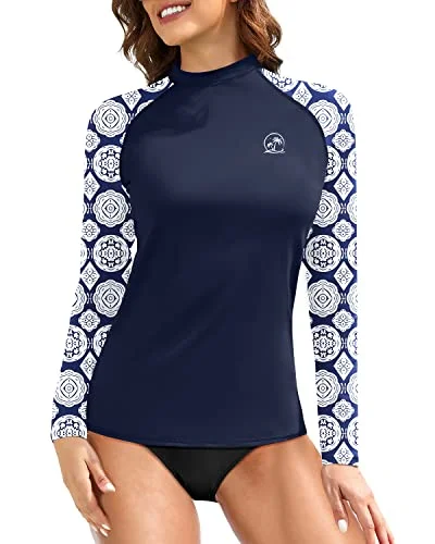 Women's Upf 50+ Sun Protection Long Sleeve Swim Shirts-Blue And White Snake Print