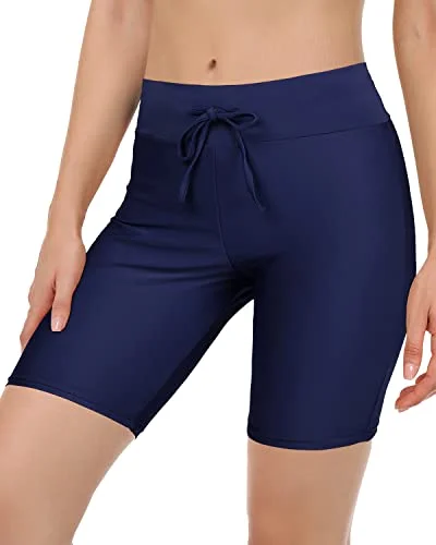 Women's Tummy Control Swim Shorts For Beach Sports Long Board Shorts-Navy Blue