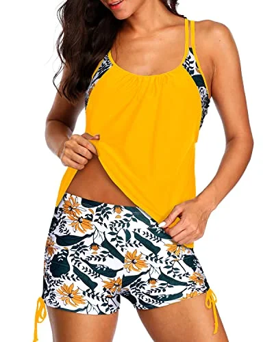 Deep Cut Tankini Swimsuits Two Piece Tummy Control Bathing Suits-Yellow Floral