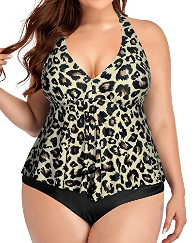 Halter V Neck Plus Size Two Piece High Waisted Swimsuit Tummy Control-Black And Leopard