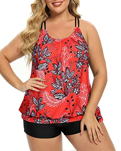 Full Coverage Women Plus Size Blouson Tankini Top With Boyshorts-Red Floral