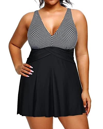 Slimming Women Tummy Control Bathing Suit Swimdress With Shorts-Black And White Stripe