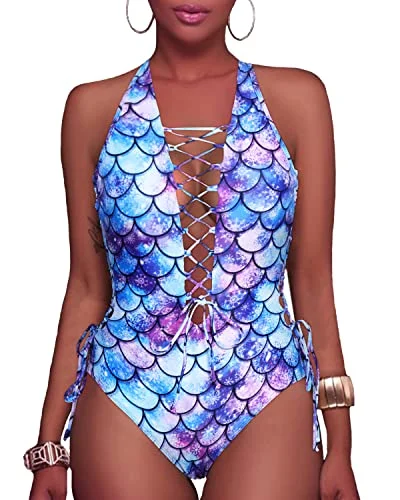 Strappy Cutout Thong One Piece Bathing Suit-Blue-Purple Mermaid Scales