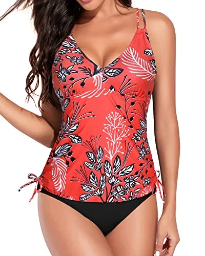 Ruched Tankini Swimsuits For Women With Tummy Control-Red Floral