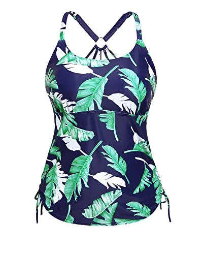 U Neck Tankini Top With Removable Padded Bra Swim Tank Top-Blue Leaf