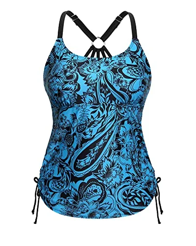 U Neck Tankini Top With Removable Padded Bra Womens Tankini Swim Top-Blue Paisley